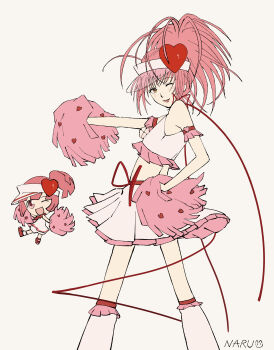 2girls absurdres amulet_heart armlet blush commentary frilled_armlet hand_on_own_hip highres hinamori_amu holding holding_pom_poms jewelry leg_warmers looking_back magical_girl mini_person minigirl multiple_girls neck_ribbon one_eye_closed pink_eyes pom_pom_(cheerleading) pom_poms ponytail ran_(shugo_chara!) ribbon shugo_chara! sidelocks signature skirt smile visor_cap yuxx00xxx