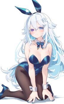 1girl absurdres all_fours animal_ears bare_shoulders black_hairband blue_eyes blue_hair blue_leotard blue_nails blue_shoes bow bowtie breasts brown_pantyhose cleavage closed_mouth colored_inner_hair commentary commission covered_navel detached_collar fake_animal_ears fake_tail fishnet_pantyhose fishnets hairband heterochromia high_heels highres hiraga_matsuri large_breasts leotard long_hair looking_at_viewer multicolored_hair nail_polish original pantyhose playboy_bunny purple_eyes rabbit_tail shoes simple_background skeb_commission solo strapless strapless_leotard sweatdrop tail two-tone_hair very_long_hair white_background white_hair wrist_cuffs