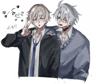 2boys ai_se_na alternate_costume antenna_hair black_choker black_jacket blue_eyes blue_necktie caelus_(honkai:_star_rail) choker collared_shirt commentary_request crossed_bangs grey_hair grey_sweater hair_between_eyes half-closed_eyes hand_on_another's_shoulder hand_up heart honkai:_star_rail honkai_(series) hood hooded_jacket jacket long_sleeves looking_at_viewer male_focus multiple_boys necktie one_eye_closed open_clothes open_jacket open_mouth phainon_(honkai:_star_rail) puffy_long_sleeves puffy_sleeves shirt short_hair simple_background smile sweater trailblazer_(honkai:_star_rail) upper_body v white_background white_shirt yellow_eyes yellow_pupils