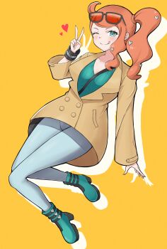 Rule 34 | 1girl, aqua boots, aqua eyes, aqua nails, aqua shirt, black-framed eyewear, blush, boots, brown coat, coat, collarbone, commentary request, denim, eyewear on head, hair ornament, hand up, heart, heart hair ornament, highres, jeans, minoshi, nintendo, one eye closed, orange-tinted eyewear, orange hair, pants, pokemon, pokemon swsh, ribbed shirt, shirt, side ponytail, side ponytail with hair base, smile, solo, sonia (pokemon), sunglasses, swept bangs, tinted eyewear, tongue, tongue out, v, v-neck