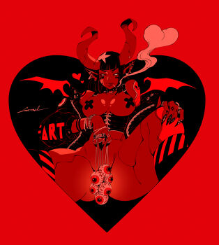 1girl absurdres breasts cigarette commentary demon_girl demon_horns demon_wings english_commentary eyeball fingernails godtail heart highres horns multiple_piercings original pointy_ears sharp_fingernails signature smoke_heart smoking solo wings