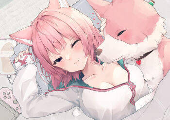 Rule 34 | 1girl, absurdres, animal ears, antenna hair, blush, breasts, cellphone, cleavage, closed mouth, collarbone, commentary request, extra ears, green hoodie, hakui koyori, hakui koyori (summer), handheld game console, heart, heraraido re, hexagon print, highres, hololive, hood, hoodie, kokoro (hakui koyori), large breasts, long sleeves, lying, medium hair, on back, one eye closed, paw ornament, phone, pink hair, pink lips, pom pom (clothes), purple eyes, sleeves past wrists, smartphone, smile, two-tone hoodie, virtual youtuber, white hoodie, wolf ears, wolf girl