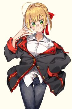 Rule 34 | 1girl, ahoge, black jacket, blonde hair, blue pants, blush, bow, braid, collared shirt, denim, dress shirt, fate/extra, fate (series), glasses, green eyes, hair bow, hair bun, hair intakes, head tilt, highres, jacket, jeans, kei (soundcross), long sleeves, looking at viewer, nero claudius (fate), nero claudius (fate/extra), off shoulder, pants, red bow, round eyewear, shirt, sidelocks, simple background, smile, solo, thigh gap, white shirt