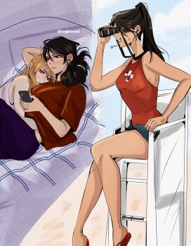 Rule 34 | 2girls, anger vein, annoyed, artist name, binoculars, blue shorts, cellphone, chair, commentary, english commentary, flip-flops, growling, high ponytail, highres, holding, holding phone, lifeguard, lifeguard chair, multiple girls, on bed, one-piece swimsuit, original, phone, ponytail, red one-piece swimsuit, red shirt, red shoes, sandals, seijousai, selin (seijousai), shirt, shoes, shorts, sitting, smartphone, swimsuit, thumbnail collage, tori (seijousai)