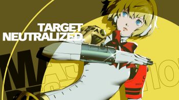 1girl absurdres aigis_(persona) all-out_attack android arm_up armband blonde_hair blue_eyes bow bowtie bullet commentary_request english_text finger_cannon gold_hairband gradient_background hair_between_eyes hairband highres joints lips looking_to_the_side mechanical_arms mechanical_hands official_art parted_lips persona persona_3 persona_3_reload pink_lips red_armband red_bow red_bowtie robot_ears robot_girl robot_joints s.e.e.s second-party_source shadow shimada_azusa short_hair smoke solo sparkle text_background yellow_background