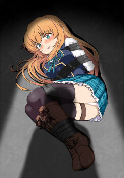 1girl absurdres ahoge anne_(shingeki_no_bahamut) bdsm blonde_hair blush bondage bound breasts green_eyes grey_background highres large_breasts long_hair long_sleeves lying on_floor on_side panties princess_connect! sanipan10 school_uniform shadow shadowverse shadowverse:_worlds_beyond shingeki_no_bahamut shirt skirt solo sweat thighhighs underwear white_shirt
