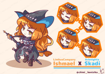 absurdres arknights benizika black_gloves black_hat black_pants character_name closed_mouth clothing_cutout commentary_request copyright_name crossover freckles gloves hat highres ishmael_(project_moon) jitome jpeg_artifacts limbus_company long_hair low-tied_long_hair multiple_expressions open_mouth orange_hair pants project_moon skadi_(arknights) sword thigh_cutout tidal_elegy_(e.g.o) watermark weapon