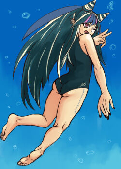 1girl ;q air_bubble ass barefoot black_hair black_nails black_one-piece_swimsuit blue_hair blue_streaks bubble danganronpa_(series) danganronpa_2:_goodbye_despair ear_piercing eyelashes fingernails full_body hair_horns ithihito0 long_hair looking_back mioda_ibuki mixed-language_commentary multicolored_hair nail_polish one-piece_swimsuit one_eye_closed piercing pink_eyes pink_hair pink_streaks smile solo stitches streaked_hair swimsuit third-party_source tongue tongue_out underwater v white_hair