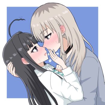 2girls awa_subaru black_choker black_hair blue_background blush border choker collared_shirt commentary_request covering_another&#039;s_mouth earclip eye_contact girls_band_cry grey_eyes grey_hair grey_shirt hand_over_another&#039;s_mouth highres kawaragi_momoka long_hair looking_at_another multicolored_hair multiple_girls purple_eyes roots_(hair) school_uniform shirt white_border white_shirt xiaoyu_(xiaoyu0308) yuri