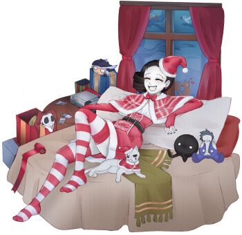 1girl artist_name bell belt black_hair blush bow bowtie box buttons cat christmas closed_eyes colored_skin drill_hair drill_ponytail earrings faceless female female_focus formal_clothes game_console gift gift_box gloves grin hat heart imscared j3str4ss jewelry nintendo nintendo_nes open_mouth pillow poncho red_bow restorer_(imscared) ribbon santa_costume santa_hat scarf smile squirrel thighhighs white_skin