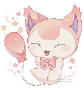 Rule 34 | :3, :d, ^ ^, blush, bow, bowtie, closed eyes, commentary, full body, gen 3 pokemon, happy, highres, iwasi 29, nintendo, no humans, open mouth, pink bow, pink bowtie, pokemon, simple background, skitty, smile, solo, symbol-only commentary, twitter username, watermark, white background