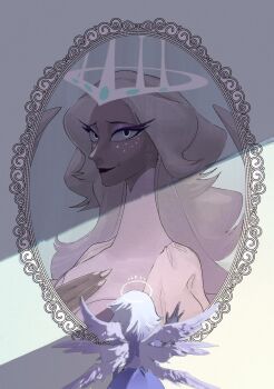 2girls angel angel_wings blue_eyes dark-skinned_female dark_skin dress emily_(hazbin_hotel) extra_eyes feathered_wings hashtag-only_commentary hazbin_hotel hellaverse highres long_hair multiple_girls sera_(hazbin_hotel) shikasennbee white_dress white_hair wings