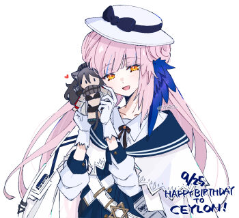 Rule 34 | 1girl, :d, arknights, black bow, black bowtie, blue streaks, blunt bangs, blush, bow, bowtie, ceylon (arknights), character request, citron80citron, coat, collarbone, dated, feather hair, gloves, hair bun, happy birthday, hat, heart, highres, holding, holding stuffed toy, long hair, looking at viewer, open mouth, orange eyes, pink hair, schwarz (arknights), shirt, simple background, smile, solo, stuffed toy, upper body, white background, white coat, white gloves, white hat, white shirt