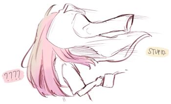1girl bang_dream! bang_dream!_it&#039;s_mygo!!!!! chihaya_anon commentary cup english_commentary english_text holding holding_cup long_hair niigouki pink_hair shirt short_sleeves simple_background solo throwing white_background white_shirt