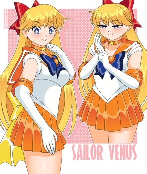 absurdres aino_minako back_bow bishoujo_senshi_sailor_moon bishoujo_senshi_sailor_moon_supers blonde_hair blue_eyes bow brooch choker commentary elbow_gloves english_commentary gloves heart heart_brooch highres inner_senshi jewelry long_hair nico-neko orange_choker orange_sailor_collar orange_skirt red_bow sailor_collar sailor_senshi_uniform sailor_venus skirt smile star_(symbol) star_choker super_sailor_venus white_gloves