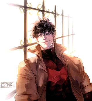 1boy bat_signal batman_(series) batman_symbol black_bodysuit black_hair blue_eyes bodysuit brown_jacket dc_comics grey_bodysuit jacket jason_todd jjmk-jjmk male_focus multicolored_bodysuit muscular muscular_male open_clothes red_hood_and_the_outlaws short_hair superhero_costume taut_bodysuit two-tone_bodysuit