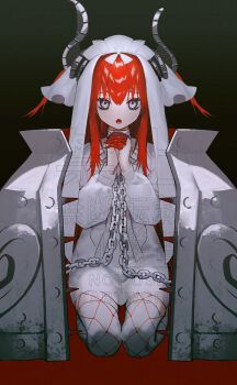 1girl absurdres albino_(a1b1n0623) blue_eyes chain colored_fingertips curled_horns dragon_girl dragon_horns dragon_tail dress elizabeth_bathory_(fate) elizabeth_of_the_end_(fate) fate/grand_order fate_(series) finger_cots fishnets_over_socks highres horns long_hair looking_at_viewer praying red_hair solo tail two_side_up veil white_dress white_headdress white_veil