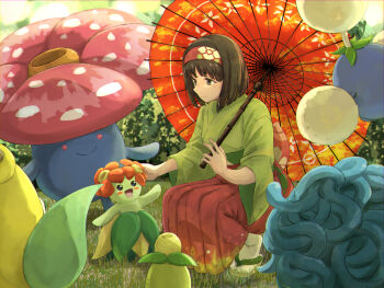 1girl :d bellossom black_eyes black_hair blush day erika_(pokemon) gen_1_pokemon gen_2_pokemon grass hairband hakama itsudzumi japanese_clothes jumpluff kimono medium_hair nintendo oil-paper_umbrella open_mouth outdoors pokemon pokemon_(creature) pokemon_lgpe red_eyes red_hairband red_hakama sandals smile smoliv socks squatting tangela umbrella vileplume weepinbell white_socks