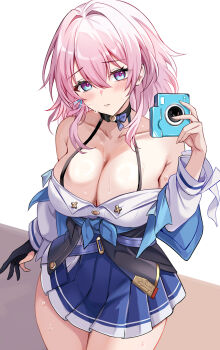 1girl alternate_breast_size_(larger) bare_shoulders black_gloves blue_eyes blue_skirt blush breasts camera cleavage closed_mouth clothes_around_waist collarbone commentary_request cowboy_shot gloves hair_between_eyes harimoji highres holding holding_camera honkai:_star_rail honkai_(series) large_breasts looking_at_viewer march_7th_(honkai:_star_rail) medium_hair multicolored_eyes off_shoulder partially_fingerless_gloves pink_hair purple_eyes shirt single_glove skirt solo sweat thighs two-tone_eyes white_shirt