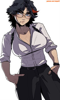 1girl alternate_costume bead_bracelet beads belt black_belt black_hair black_pants blue_eyes blush bracelet breasts closed_mouth collarbone cowboy_shot earrings eyelashes glasses hands_in_pockets highres jewelry kill_la_kill large_breasts lips long_hair looking_to_the_side matoi_ryuuko nose pants patreon_username red_streaks ring scissor_blade_(kill_la_kill) shirt short_hair simple_background single_earring sleeves_rolled_up solo stopu strap tomboy toothpick white_background white_shirt