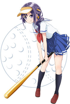 :p abe_kanari baseball_bat black_socks blue_skirt brown_shoes high_school_fleet holding holding_baseball_bat holding_bat kneehighs loafers looking_at_viewer neckerchief otani_yumiko ponytail purple_eyes purple_hair red_neckerchief school_uniform serafuku shoes skirt socks solo tongue tongue_out visor_cap wavy_hair yokosuka_girls_marine_high_school_uniform