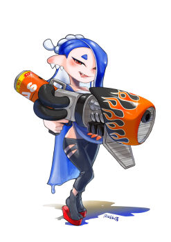 1girl black_pants black_socks blue_hair commentary_request earrings gun hairband highres holding holding_gun holding_weapon jewelry long_hair looking_at_viewer mole_(pixiv_308083) multiple_earrings nintendo octoling okobo pants platform_sandals range_blaster_(splatoon) red_eyes red_sandals sandals shadow shiver_(deep_cut_outfit)_(splatoon) shiver_(splatoon) short_eyebrows simple_background socks solo splatoon_(series) splatoon_3 standing tabi teeth tentacle_hair thick_eyebrows tongue tongue_out tooth_earrings torn_clothes torn_pants weapon white_background white_hairband