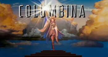 1girl absurdres character_name choker closed_mouth columbia_pictures columbina_(genshin_impact) commentary_request detached_sleeves dress eye_mask genshin_impact hair_ornament highres holding long_hair mask multicolored_hair one_eye_closed parody purple_eyes ribbon_choker sky smile solo sunset two-tone_hair very_long_hair white_choker white_dress white_mask x_hair_ornament yato_(yama0x1)