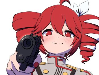 1girl ahoge aiming aiming_at_viewer beretta_92 blush dress drill_hair grey_jacket gun hair_between_eyes handgun hashtag-only_commentary highres holding holding_gun holding_weapon jacket kasane_teto kasane_teto_(sv) long_sleeves looking_at_viewer pinstripe_dress pinstripe_pattern red_eyes red_hair red_trim ribbon shirt shoulder_belt shoulder_boards simple_background smile solo striped_clothes striped_jacket subsaki_1 synthesizer_v twin_drills twintails weapon white_background white_ribbon