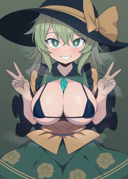 1girl :d absurdres alternate_breast_size_(larger) bikini bikini_under_clothes black_bikini black_hat blush bow breasts breasts_out breath bright_pupils commentary_request cowboy_shot double_v eyelashes floral_print floral_print_skirt frilled_shirt_collar frilled_sleeves frills green_eyes green_hair green_skirt grin hands_up hat hat_bow highres huge_breasts komeiji_koishi long_sleeves looking_at_viewer medium_hair micro_bikini nara_(gsx250r_anzio) naughty_face open_clothes open_mouth open_shirt partially_unbuttoned print_skirt rose_print shirt skindentation skirt smile solo straight-on sun_hat swimsuit touhou tsurime v white_pupils wide_sleeves yellow_bow yellow_shirt