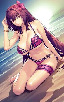 Rule 34 | 1girl, absurdres, bare legs, bare shoulders, barefoot, beach, bikini, bracelet, breasts, cleavage, closed mouth, fate/grand order, fate (series), flower, frilled thigh strap, hair flower, hair ornament, hand on own head, hibiscus, highres, jewelry, large breasts, long hair, looking at viewer, navel, pink bikini, purple hair, red eyes, rioliogiz, scathach (fate), scathach (fate/grand order), scathach (swimsuit assassin) (fate), shiny skin, shore, smile, solo, sunset, swimsuit, thigh strap, thighs, underboob