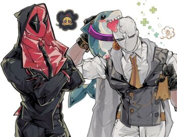 2boys belt blush bodysuit deadpool deadpool_(series) dotori_012 gloves hood jeff_(marvel) male_focus marvel marvel_rivals mask moon_knight multiple_boys necktie red_bodysuit shark superhero_costume teeth x-men