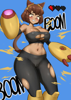 1girl absurdres animal_ears areola_slip arm_cannon bandeau black_bandeau black_pants blue_background breasts brown_hair cat_ears cat_girl cat_tail cleavage clenched_teeth commentary dark-skinned_female dark_skin erorange furry furry_female gameoverse goggles goggles_on_head highres kit_bodega large_breasts midriff navel pants short_hair simple_background solo tail teeth torn_bandeau torn_clothes torn_pants weapon