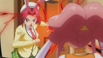 10s 2girls animal_ears animated animated_gif anya_alstreim ass blue_eyes code_geass code_geass:_nunnally_in_wonderland fake_ears fighting gluteal_fold kouzuki_kallen lower_body multiple_girls pink_hair rabbit_ears rabbit_tail red_hair shiny_skin skirt tail thighs upskirt view_between_legs