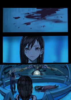 2boys 2girls absurdres aerith_gainsborough armor bare_shoulders black_gloves black_hair blonde_hair blood blood_on_ground blue_sweater blurry blurry_background bracelet chainsaw_man closed_mouth cloud_strife commentary death dress earrings english_commentary eye_twitch final_fantasy final_fantasy_vii final_fantasy_vii_rebirth final_fantasy_vii_remake from_behind gloves highres hugo_artist jacket jewelry long_hair looking_at_another lying meme multiple_boys multiple_girls on_back open_mouth pants pink_dress red_eyes red_jacket reze&#039;s_eye_twitch_(chainsaw_man) sephiroth sephiroth_reborn shoulder_armor single_bare_shoulder single_earring sleeveless sleeveless_turtleneck spiked_hair spoilers standing suspenders sweater t-pose tank_top tifa_lockhart turtleneck turtleneck_sweater v wet wet_hair white_tank_top