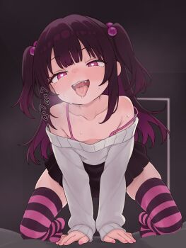1girl :s black_shirt blush bra bra_strap breath bright_pupils brown_hair brown_thighhighs colored_inner_hair downblouse fangs flat_chest hair_bobbles hair_ornament heart heart-shaped_pupils highres loli long_hair looking_at_viewer mesugaki mesugaki_(nattocurryumeee) miniskirt multicolored_hair nattocurryumeee off-shoulder_sweater off_shoulder original pink_bra pink_eyes pink_nails pink_thighhighs saliva shirt skirt solo striped_clothes striped_thighhighs sweat sweater symbol-shaped_pupils thighhighs thighs tongue tongue_out two_side_up underwear uvula white_pupils white_sweater zettai_ryouiki