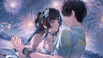 1boy 1girl absurdres adjutant_(snowbreak) aerial_fireworks artist_request black_hair blue_hair blue_shirt breasts cleavage closed_mouth collared_shirt commentary english_commentary fireworks hair_ornament hawaiian_shirt highres holding_hands long_hair multicolored_hair official_art official_wallpaper shirt short_hair siris_(snowbreak) snowbreak:_containment_zone streaked_hair two_side_up yellow_eyes