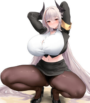 1girl absurdres admiral_zenker_(azur_lane) admiral_zenker_(fun_with...interrogations?)_(azur_lane) armband arms_behind_head azur_lane black_choker black_horns black_jacket black_pantyhose black_shoes black_skirt breasts button_gap choker commentary hair_intakes high_heels highres holding horns huge_breasts jacket long_hair looking_at_viewer midriff multicolored_hair navel office_lady official_alternate_costume pantyhose pencil_skirt red_eyes red_hair red_streaks shirt shoes simple_background skirt solo spread_legs squatting streaked_hair thighs two-tone_hair very_long_hair white_background white_hair white_shirt yellow_armband yuuki_shuri