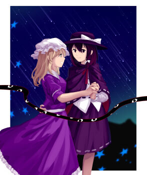 2girls black_cape black_hat black_skirt blonde_hair bow brown_eyes brown_hair buttons cape closed_mouth collared_dress collared_shirt contrast_collar dress frilled_dress frills furahata_gen gap_(touhou) grin hair_between_eyes hair_bow hand_around_waist hat hat_bow highres holding_hands long_dress long_sleeves looking_at_another maribel_hearn medium_hair meteor_shower mob_cap multiple_girls night night_sky puffy_sleeves purple_dress sash shirt skirt sky sleeve_cuffs smile standing star_(sky) star_(symbol) touhou untucked_shirt usami_renko white_bow white_hat white_sash white_shirt yellow_eyes yuri