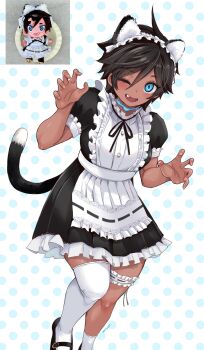 absurdres ahoge animal_ears apron black_dress black_hair black_ribbon black_shoes blue_eyes cat_ears cat_tail commentary cropped_legs dani_(kivo) dark-skinned_female dark_skin double-parted_bangs dress dullahan english_commentary fake_animal_ears fang hair_between_eyes highres kivo maid maid_apron maid_headdress neck_ribbon one_eye_closed open_mouth original photo-referenced polka_dot polka_dot_background ribbon shoes short_hair short_sleeves single_thighhigh spiked_hair standing stuffed_toy tail tan thigh_strap thighhighs tomboy white_thighhighs