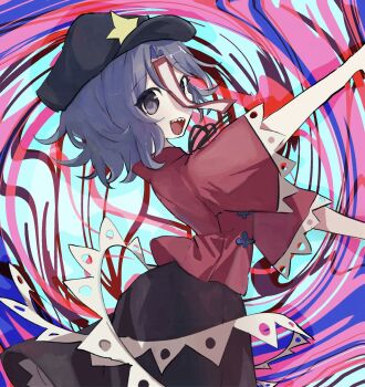 1girl black_skirt blue_hair chinese_clothes commentary_request grey_eyes hat hat_ornament highres jiangshi kouten miyako_yoshika newsboy_cap open_mouth red_shirt sharp_teeth shirt skirt teeth touhou