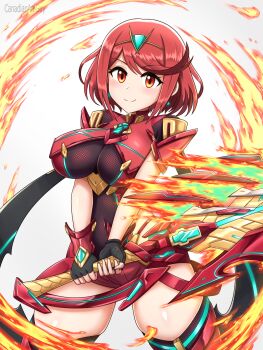 1girl aegis_sword_(xenoblade) breasts canadiananiguy fire highres large_breasts pyra_(xenoblade) red_eyes red_hair solo weapon xenoblade_chronicles_(series) xenoblade_chronicles_2