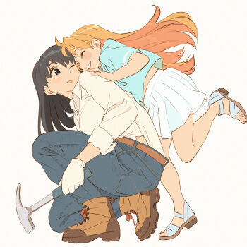 2girls 55bata6rou age_difference arato_nagi belt black_hair blonde_hair blue_hoodie blush boots breasts brown_belt brown_boots closed_eyes denim gloves grabbing_from_behind grey_eyes hammer height_difference highres holding holding_hammer hood hoodie jeans large_breasts long_hair long_sleeves looking_at_another multiple_girls one_eye_closed open_mouth pants pleated_skirt ruri_no_houseki sandals shirt short_sleeves skirt sleeves_rolled_up smile tanigawa_ruri white_background white_gloves white_shirt white_skirt yuri