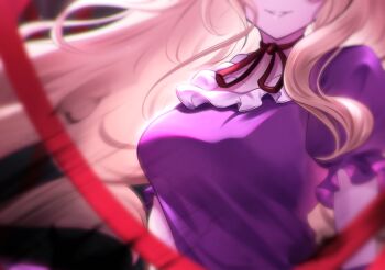 1girl blonde_hair breast_focus breasts collarbone commentary_request dress eyes_out_of_frame floating_hair frilled_sleeves frills head_out_of_frame highres long_hair medium_breasts neck_ribbon puffy_short_sleeves puffy_sleeves purple_dress red_ribbon ribbon rinkaito1231 short_sleeves smile solo touhou upper_body very_long_hair yakumo_yukari