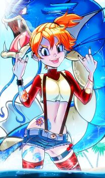 \n/ arm_tattoo armlet blue_eyes bracelet crop_top denim denim_shorts devil_horns_(gesture) gen_1_pokemon gyarados highres jewelry looking_at_viewer magikarp midriff misty_(pokemon) navel nintendo piercing pokemon pokemon_(anime) pokemon_(classic_anime) pokemon_(creature) psyduck red_hair ring short_shorts shorts side_ponytail spiked_armlet starmie suspenders tattoo teevo thigh_strap thighhighs tongue tongue_out torn_clothes water