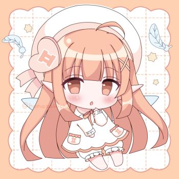 Rule 34 | 1girl, :o, ahoge, barefoot, blunt bangs, blush, border, bow, bowtie, chibi, chibi only, commentary request, fairy wings, feathers, full body, grid background, hanasakichu, hand up, hat, long hair, long sleeves, looking at viewer, open mouth, orange border, orange bow, orange bowtie, orange eyes, orange hair, original, outline, outside border, pointy ears, shirt, shorts, solo, twitter username, white background, white hat, white outline, white shirt, white shorts, wings