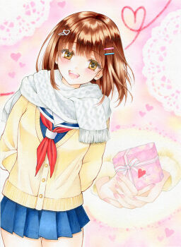 1girl arms_behind_back arukapismillust blue_skirt blush brown_eyes brown_hair cardigan commentary_request cowboy_shot fingernails gift hair_ornament hairclip heart heart_background heart_hair_ornament holding holding_gift looking_at_viewer marker_(medium) medium_hair miniskirt multiple_views nail_polish neckerchief open_mouth original parallel_hairclips pink_background pink_nails pleated_skirt red_neckerchief sailor_collar scarf school_uniform serafuku skirt smile standing traditional_media valentine white_scarf wispy_bangs yellow_cardigan