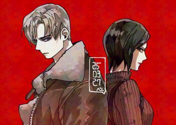 1boy 1girl ada_wong back-to-back black_hair blonde_hair breasts brown_jacket closed_mouth dress fur-trimmed_jacket fur_trim harness highres jacket leon_s._kennedy light_smile medium_breasts nul parted_bangs red_background red_sweater resident_evil resident_evil_4 short_hair sweater sweater_dress turtleneck turtleneck_dress turtleneck_sweater upper_body