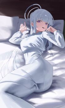 Rule 34 | 1girl, absurdres, blue archive, finger to mouth, halo, hashtag-only commentary, highres, long hair, looking at viewer, mechanical halo, nightgown, noa (blue archive), noa (pajamas) (blue archive), official alternate costume, on bed, pajamas, ponytail, purple eyes, risuuuu, sleepwear, smile, solo, white hair, white halo, white nightgown, white pajamas
