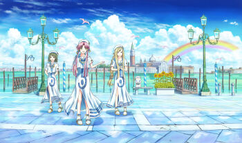 3girls aino_ai alicia_florence aria_(manga) aria_company_uniform aria_pokoteng arms_behind_back beret bird blonde_hair blue_bow blue_bowtie blue_eyes blue_ribbon blue_sky bow bowtie braid braided_ponytail brown_eyes closed_mouth cloud cloudy_sky day dock dress egokoro flower gold_trim gradient_sky green_eyes green_hair hair_tubes hand_up hat hat_ribbon heel_up highres lamppost long_hair looking_at_viewer medium_hair mizunashi_akari multiple_girls ocean open_mouth own_hands_together parted_bangs pink_hair print_dress rainbow ribbon sailor_collar scenery seagull shadow short_hair_with_long_locks short_sleeves side_slit sky smile standing sunflower venice white_dress white_footwear