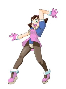 1girl armpits arms_up blush body_control brown_hair capcom commentary constricted_pupils crossover crotch_plate dancing embarrassed gloves green_eyes lips looking_at_viewer medium_hair mega_man_(series) mega_man_legends_(series) monolith_soft multiple_crossover namco_x_capcom onnaski open_mouth panties pantyhose pantyshot parted_lips photoshop_(medium) pink_gloves pink_sandals project_x_zone sandals scared short_sleeves solo solo_focus space_channel_5 surprised tiptoes tron_bonne_(mega_man) underwear wide-eyed wrist_cuffs